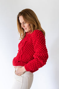 Pull femme rouge point fantaisie en laine mérinos doux et chaud