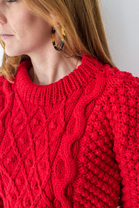 Pull femme rouge point fantaisie en laine mérinos doux et chaud