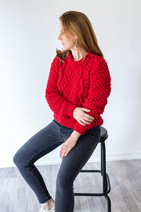 Pull femme rouge point fantaisie en laine mérinos doux et chaud